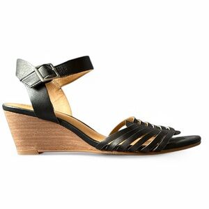 Black Leather Ankle-Strap Wedge Sandals
